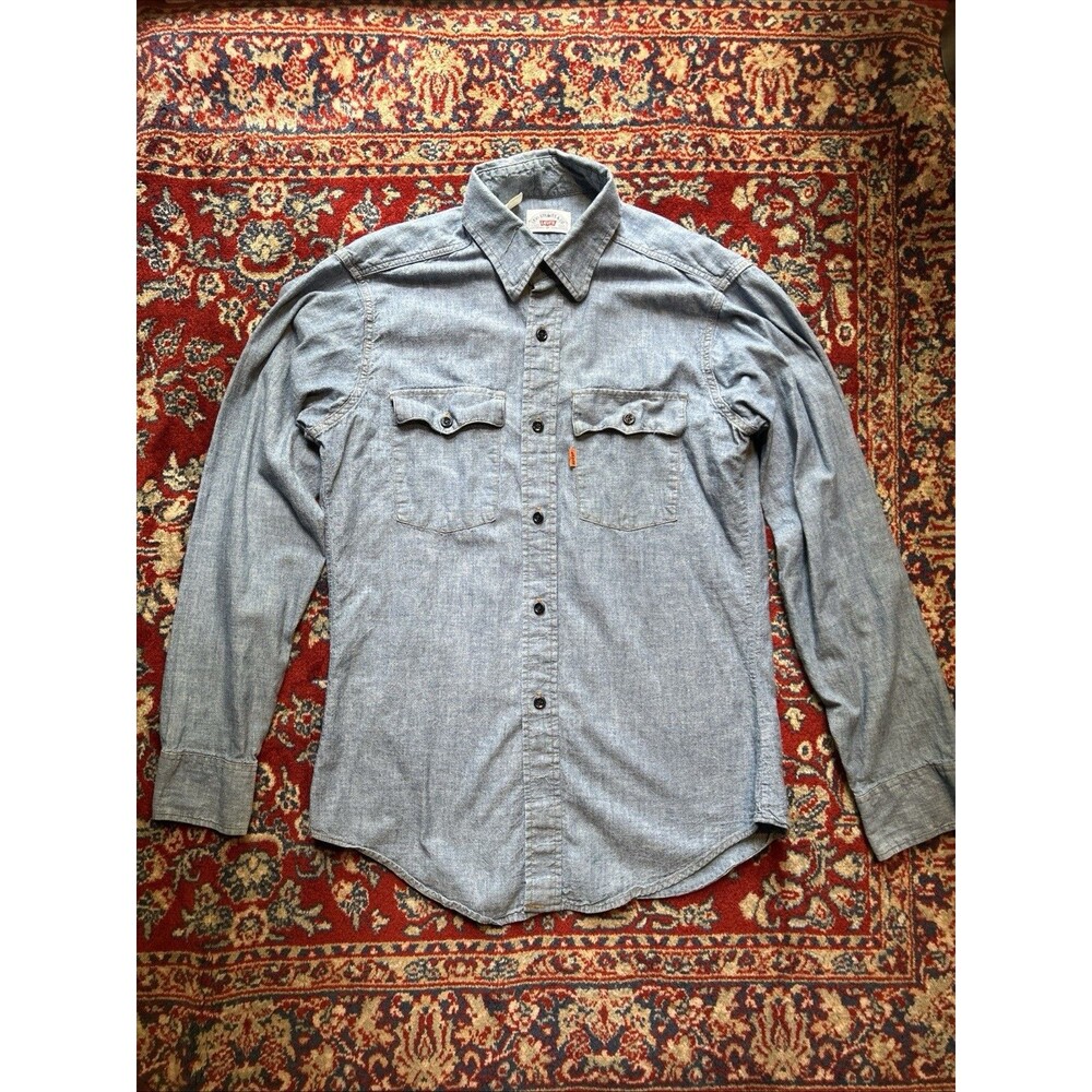 Vtg 70s LEVI'S Chambray Work Shirt Orange Tab Blue Men's Medium